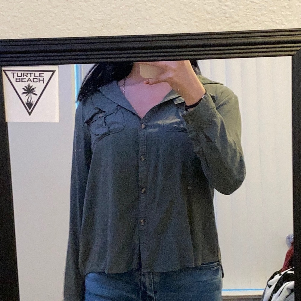 Olive green dress up shirt.